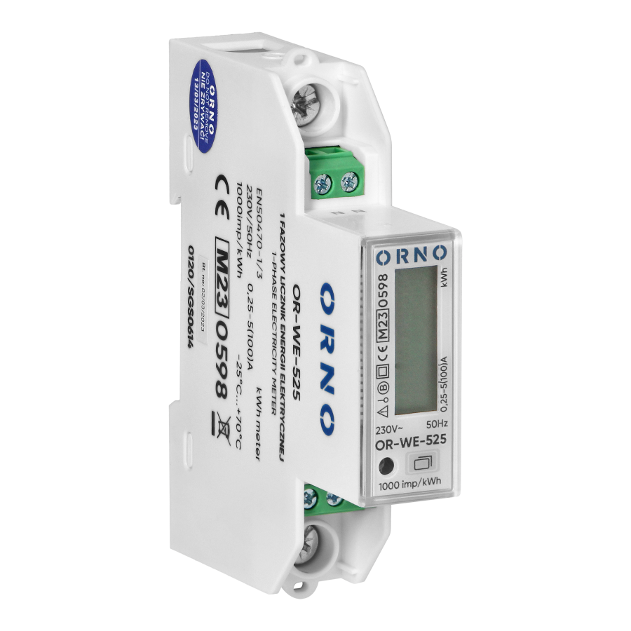 1-phase multi-tariff energy meter wtih RS-485, 100A, power supply: 230V AC/50-60Hz, current: 5(100)A, pulse frequency: 1000 imp/kWh, signaling read: flashing LCD, installation rail: DIN TH-35mm